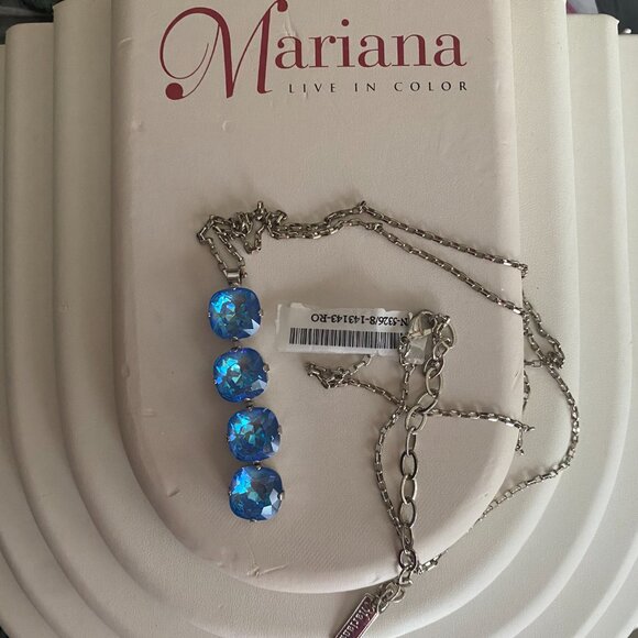 Mariana Bright Blue Cushion Cut 4 Crystal Pendant Necklace Rhodium Plated Silver - Picture 7 of 8